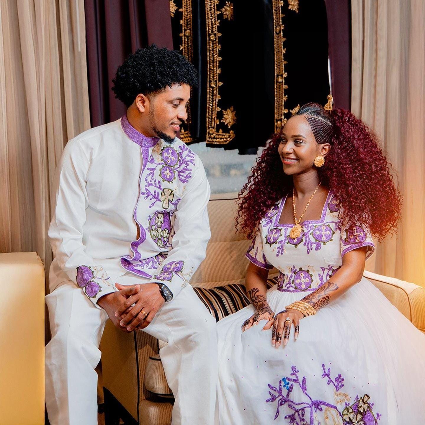 Couple Habesha clothing, New purple & white Tilet, Eritrean and Ethiopian Traditional Wedding Attire, Custom Made Habesha Fashion