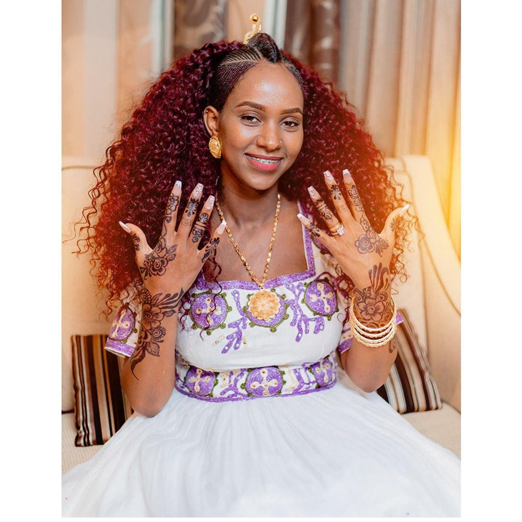 Couple Habesha clothing New purple & white Tilet Eritrean