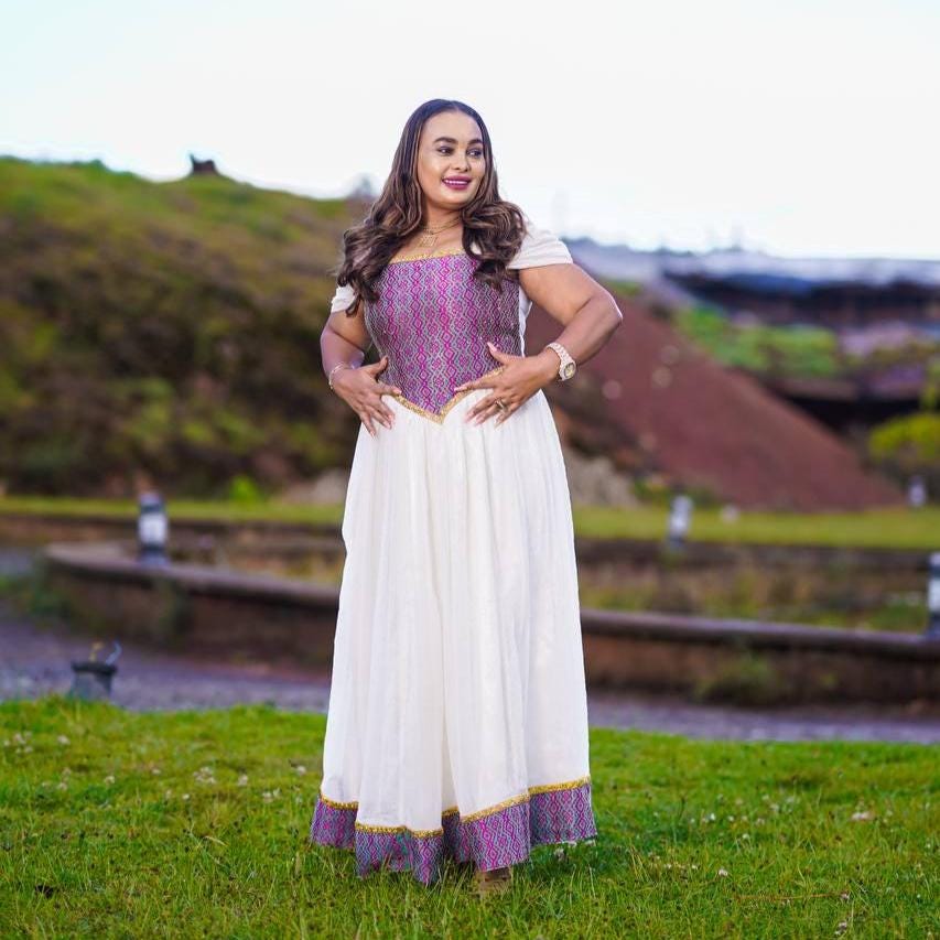 Custom Made Zuria Habesha Kemis, New Lavender Menen Eritrean & Ethiopian Traditional Fashion, Cultural Dress for Women