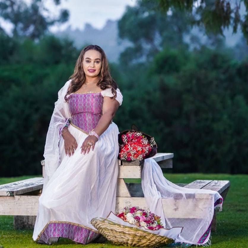 Custom Made Zuria Habesha Kemis, New Lavender Menen Eritrean & Ethiopian Traditional Fashion, Cultural Dress for Women
