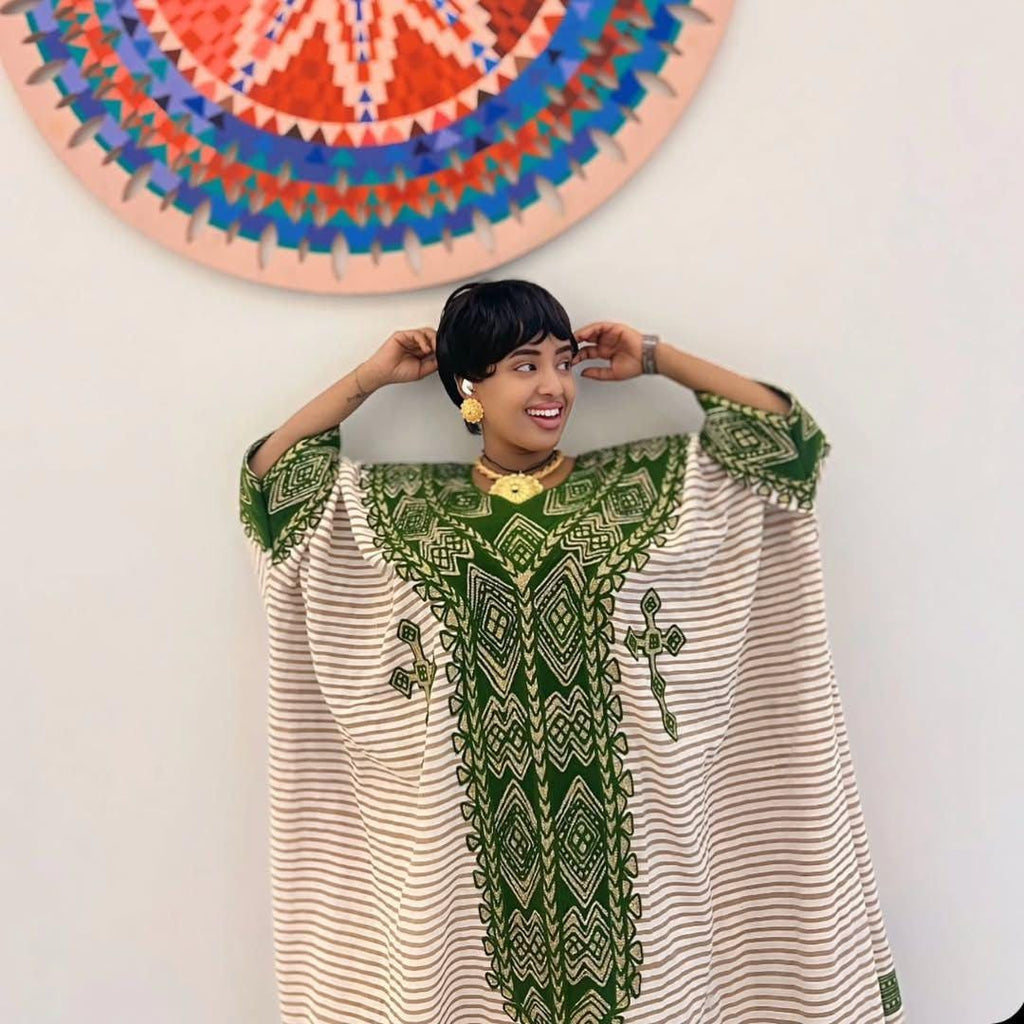 Custom Made Zuria Cultural Habesha Kemis for Women, Green Menen Eritrean & Ethiopian Traditional Dress