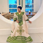 Custom Made Zuria Cultural Habesha Kemis for Women, Green Menen Eritrean & Ethiopian Traditional Dress