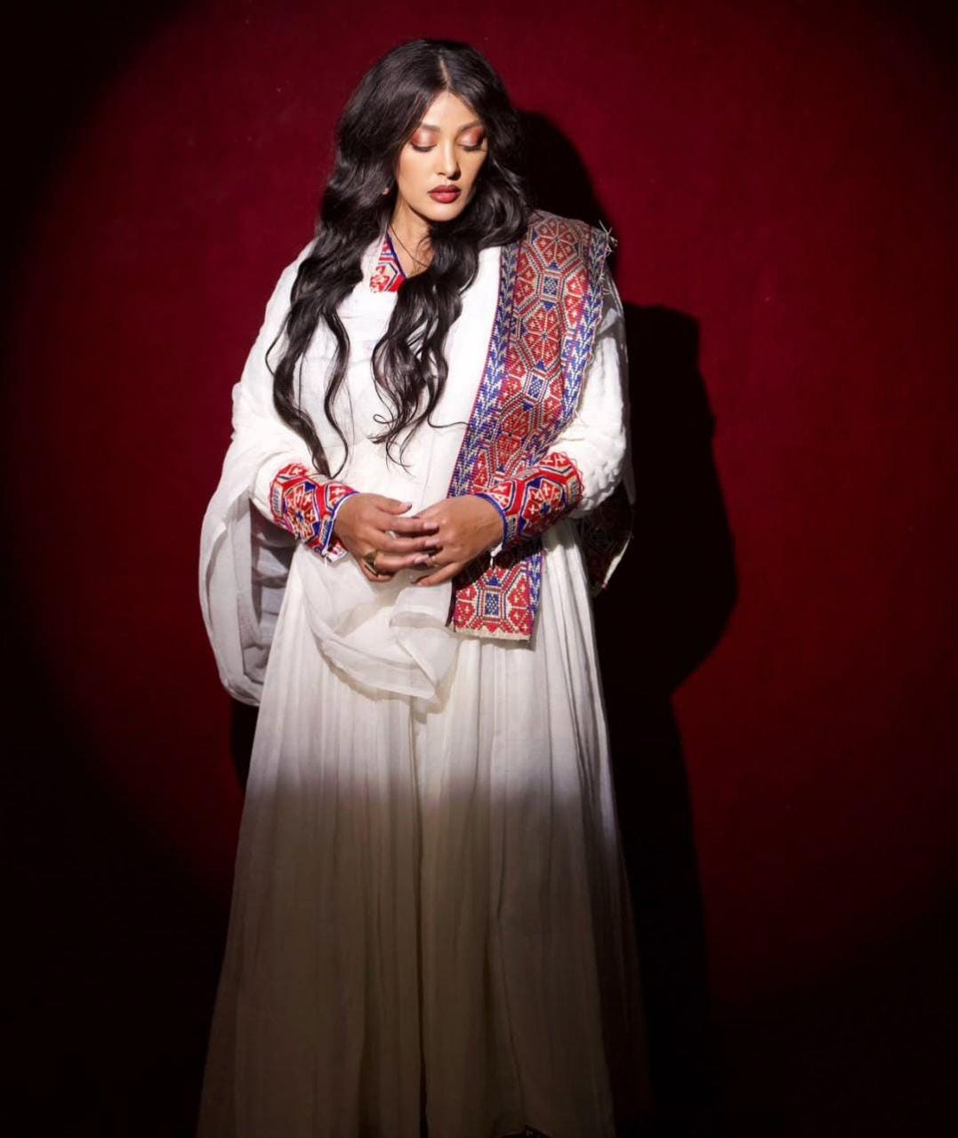 Cultural Habesha Kemis for Women, Red and Blue Bold Tilet, Eritrean & Ethiopian Traditional Dress