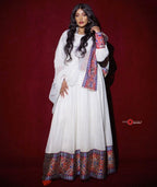 Cultural Habesha Kemis for Women, Red and Blue Bold Tilet, Eritrean & Ethiopian Traditional Dress