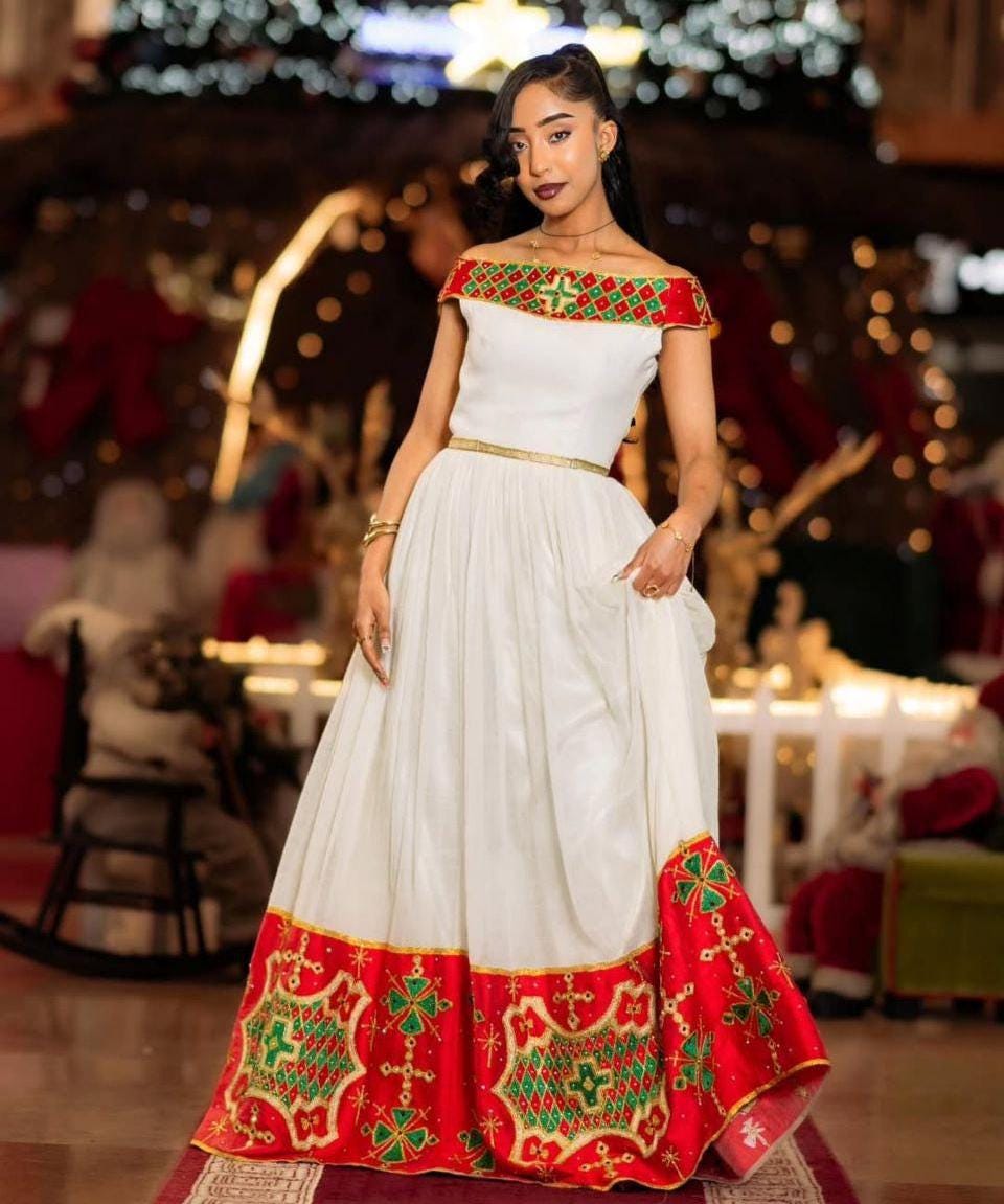 Modern Habesha Kemis for Women Red Tilet Eritrean &