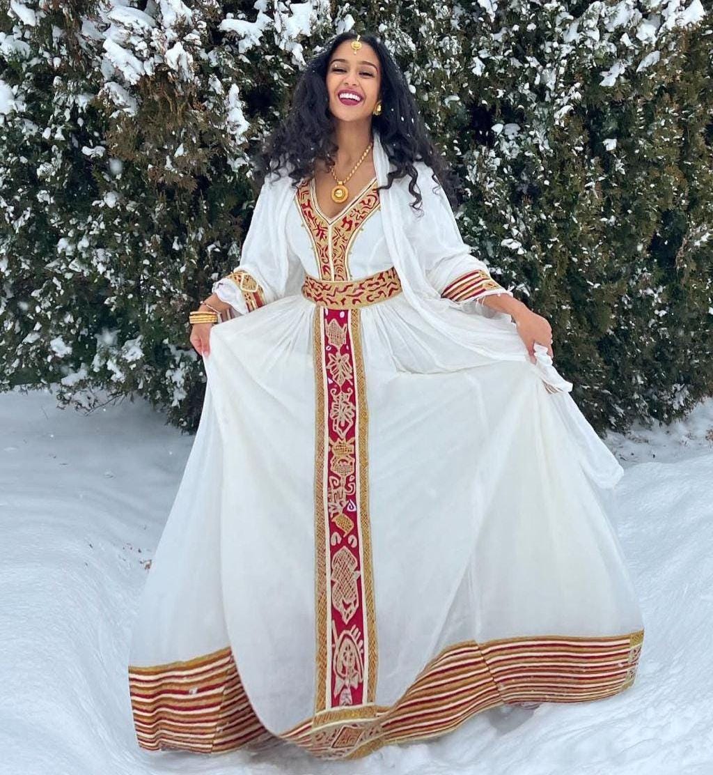 Cultural Habesha Kemis for Women, Red And Golden Tilet, Eritrean & Ethiopian Traditional Dress