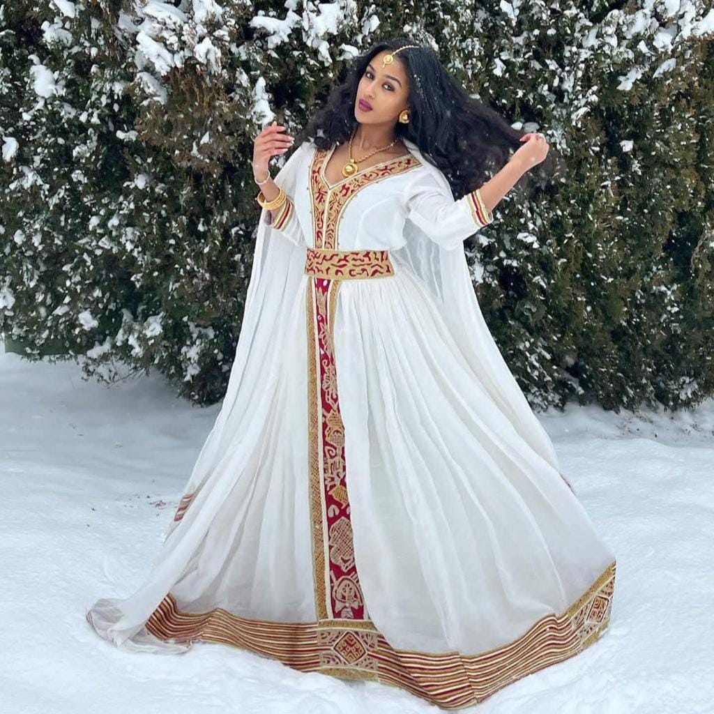 Cultural Habesha Kemis for Women, Red And Golden Tilet, Eritrean & Ethiopian Traditional Dress