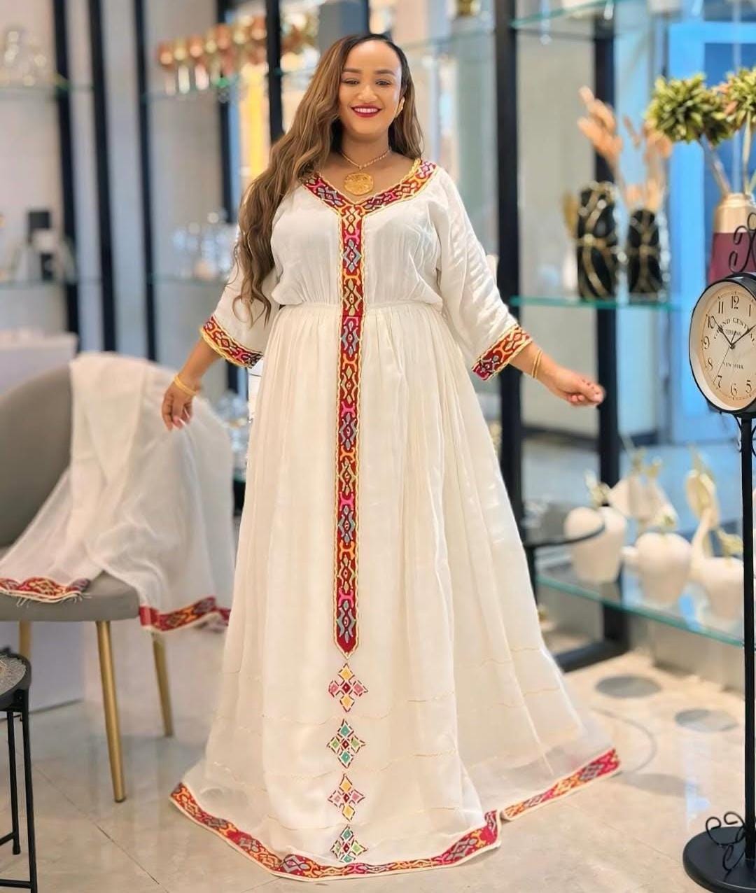 Cultural Habesha Kemis for Women, Thin Tilet Eritrean & Ethiopian Traditional Dress