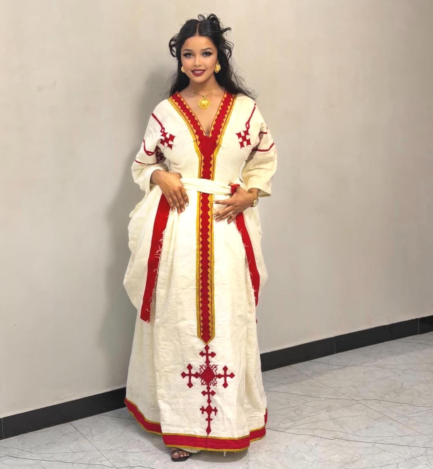 Cultural Fetil Habesha Kemis for Women,  Red Tilet Eritrean & Ethiopian Traditional Dress