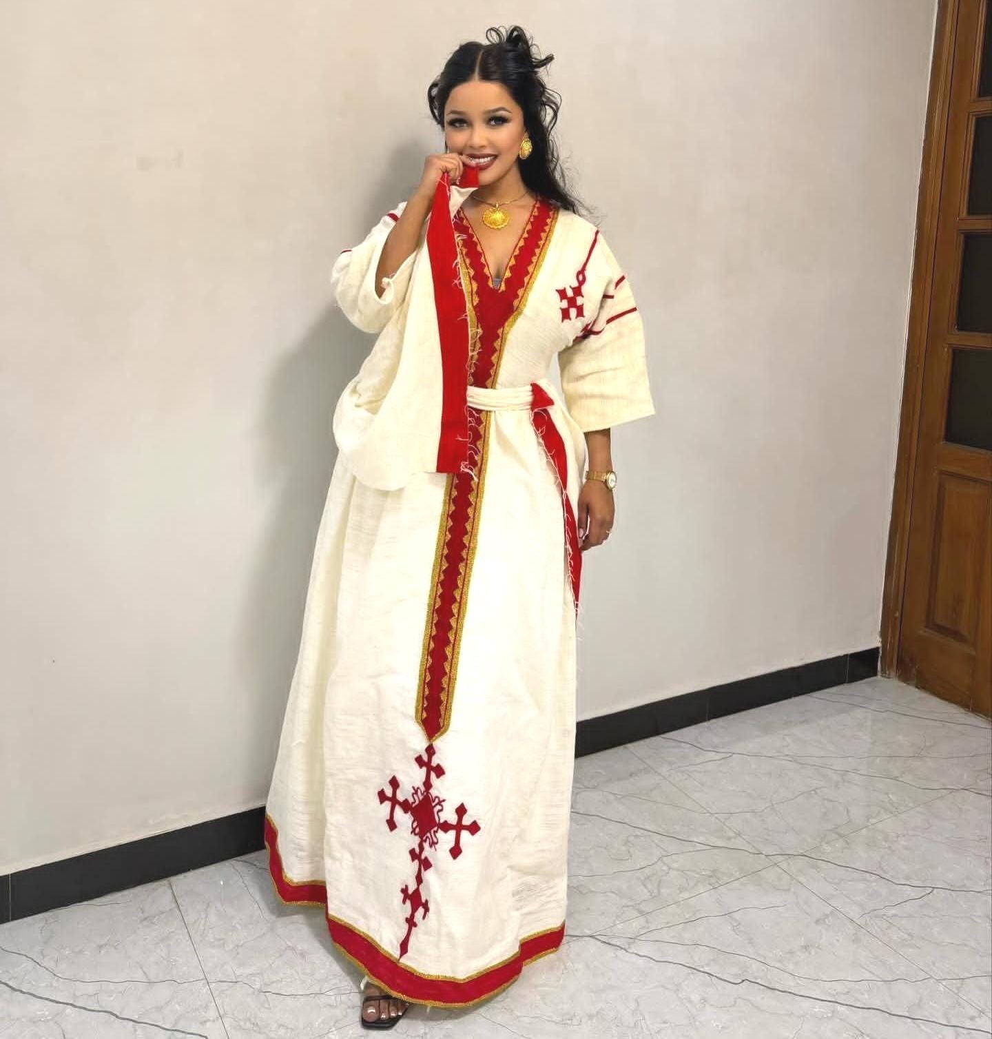 Cultural Fetil Habesha Kemis for Women,  Red Tilet Eritrean & Ethiopian Traditional Dress