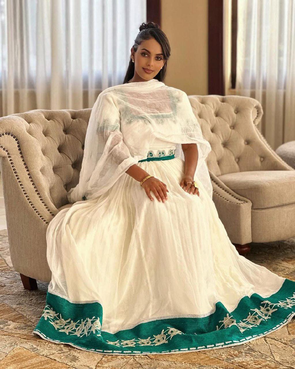 Cultural Habesha Kemis for Women Green Tilet Eritrean & 4