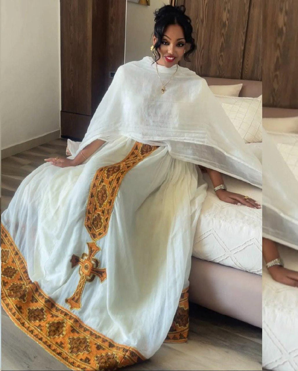 Cultural Habesha Kemis For Women, Orange Tilet Custom Made Eritrean & Ethiopian Traditional Dress