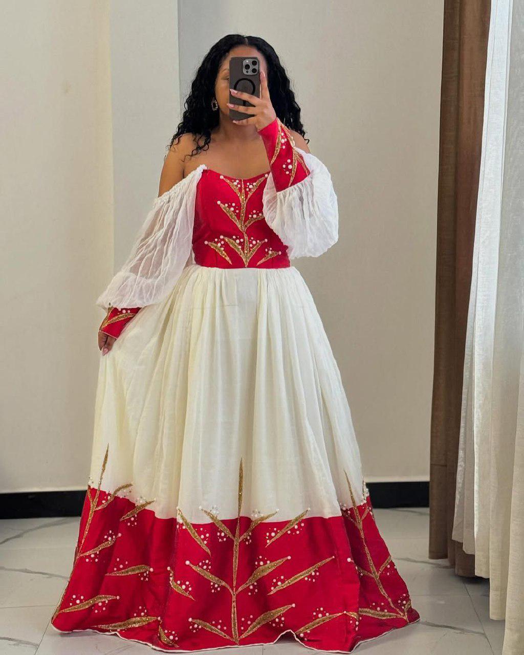 Cultural Habesha Kemis for Women, Modern Red Tilet Eritrean & Ethiopian Traditional Dress, Handmade Custom Made Wear