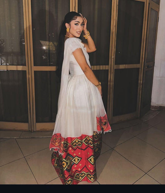 Cultural Habesha Kemis for Women,  Modern Red Tilet Eritrean & Ethiopian Traditional Dress, Handwoven Custom Wear