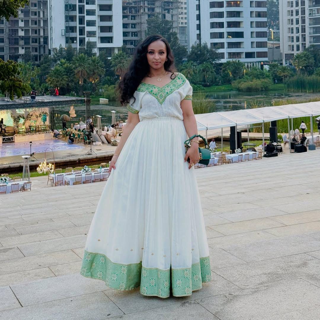 Cultural Habesha Kemis for Women,  Green Tilet Eritrean & Ethiopian Traditional Dress, Menen Tradtional Clothing