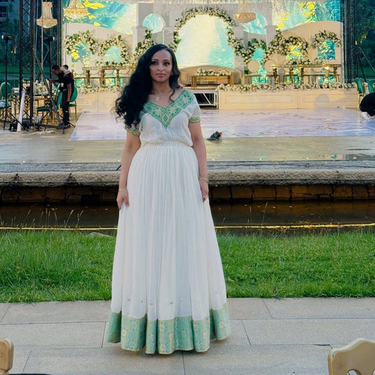 Cultural Habesha Kemis for Women,  Green Tilet Eritrean & Ethiopian Traditional Dress, Menen Tradtional Clothing