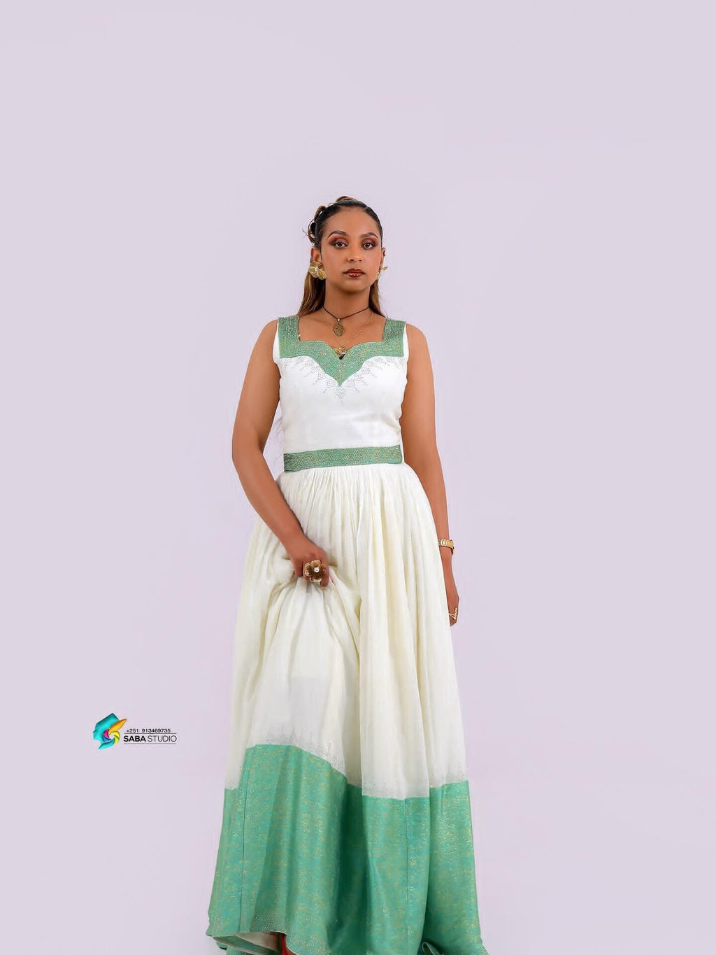 Cultural Habesha Kemis for Women,  Green Tibeb Eritrean & Ethiopian Traditional Dress, Handmade Wear