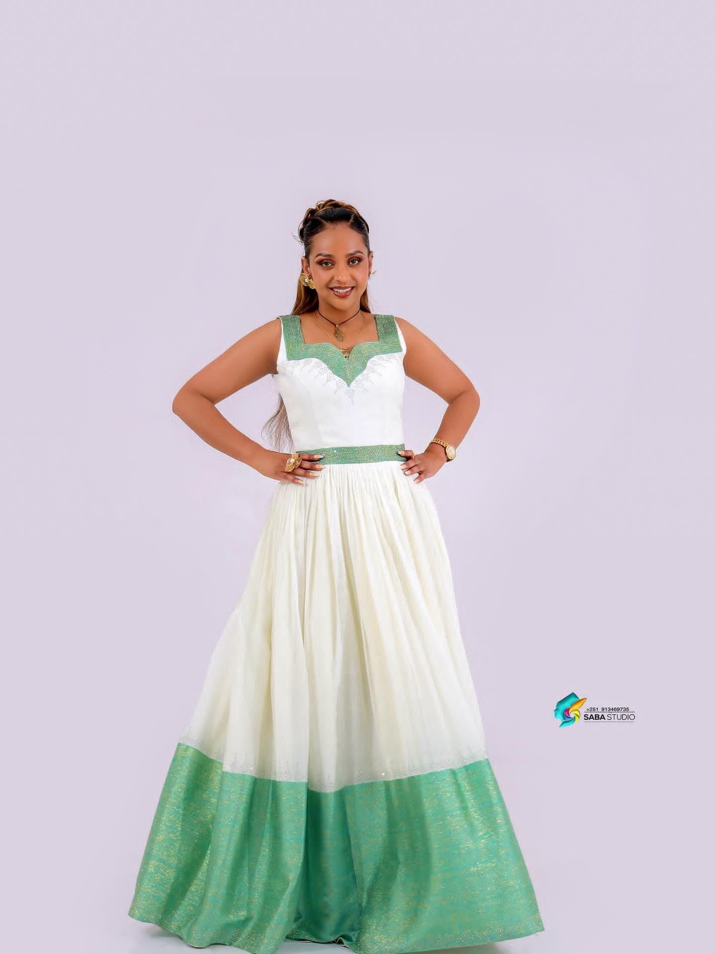 Cultural Habesha Kemis for Women,  Green Tibeb Eritrean & Ethiopian Traditional Dress, Handmade Wear