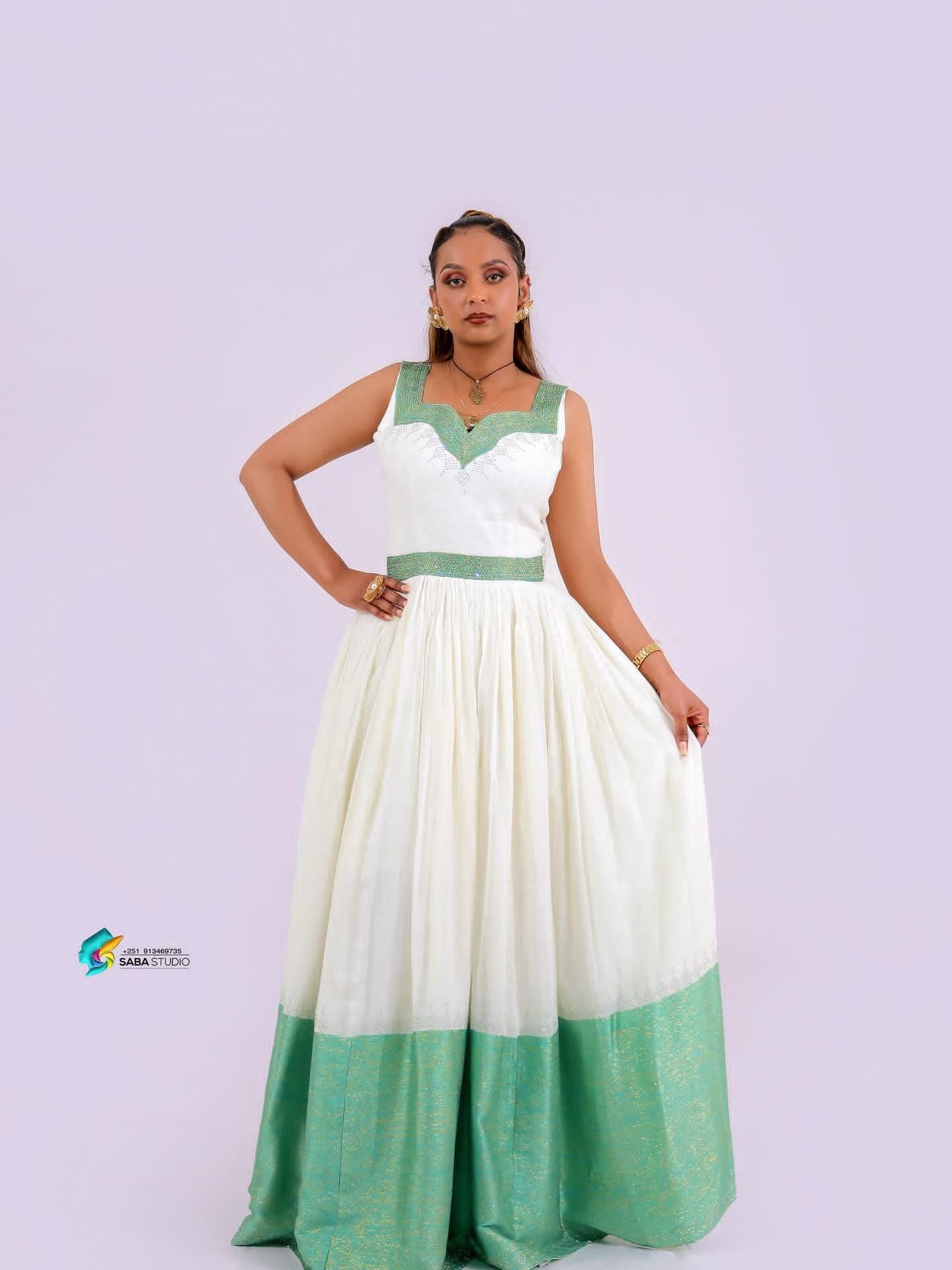 Cultural Habesha Kemis for Women,  Green Tibeb Eritrean & Ethiopian Traditional Dress, Handmade Wear