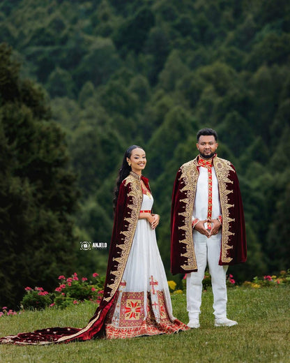 Couple Habesha clothing,New Red & gold Tilet Eritrean and Ethiopian Traditional Wedding Attire, Custom Made Habesha Fashion