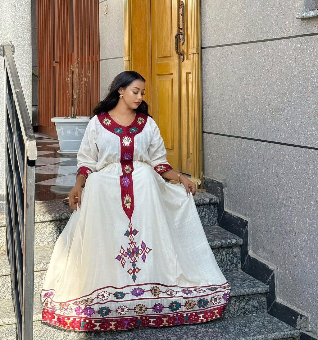 Cultural Habesha Kemis for Women Handmade Red Tilet