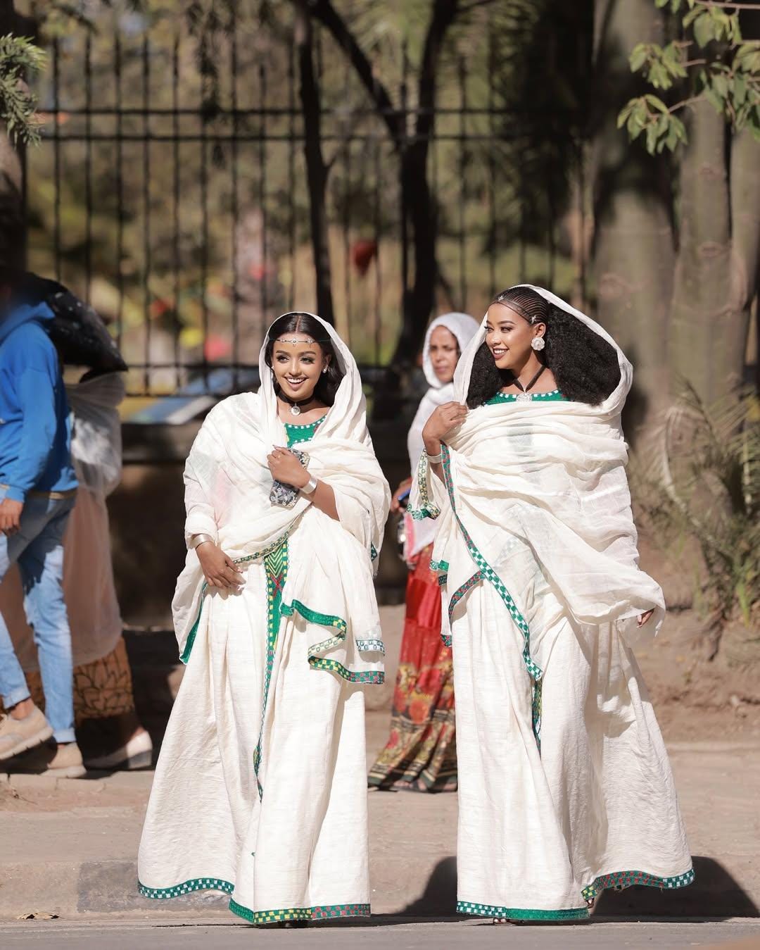Cultural Habesha Kemis for Women, Handmade Green Tilet Eritrean & Ethiopian Traditional Dress