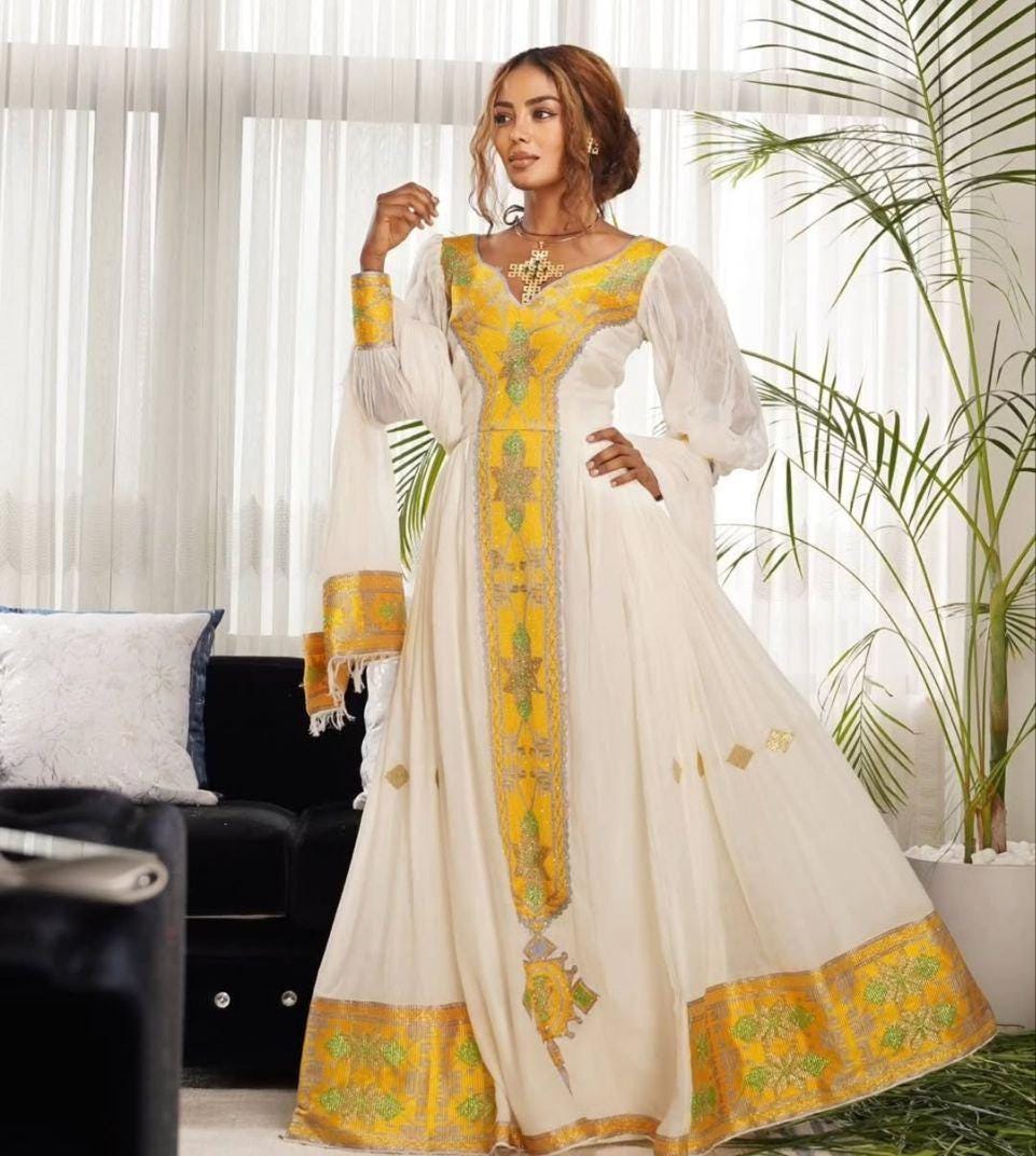 Custom Made Zuria Habesha Kemis, Yellow Tilet Eritrean & Ethiopian Traditional Fashion, Cultural Dress for Women