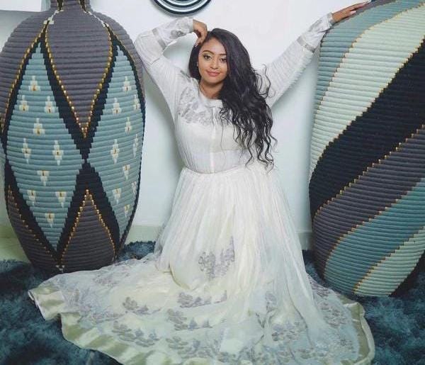 Cultural Habesha Kemis for Women, White Tilet Eritrean & Ethiopian Traditional Church Dress