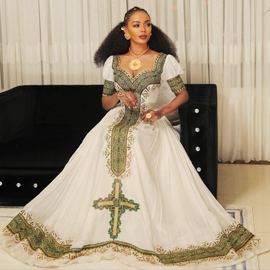 New Custom Made Cultural Habesha Kemis for Women, Olive Green Tilet Zuria, Eritrean & Ethiopian Traditional Dress