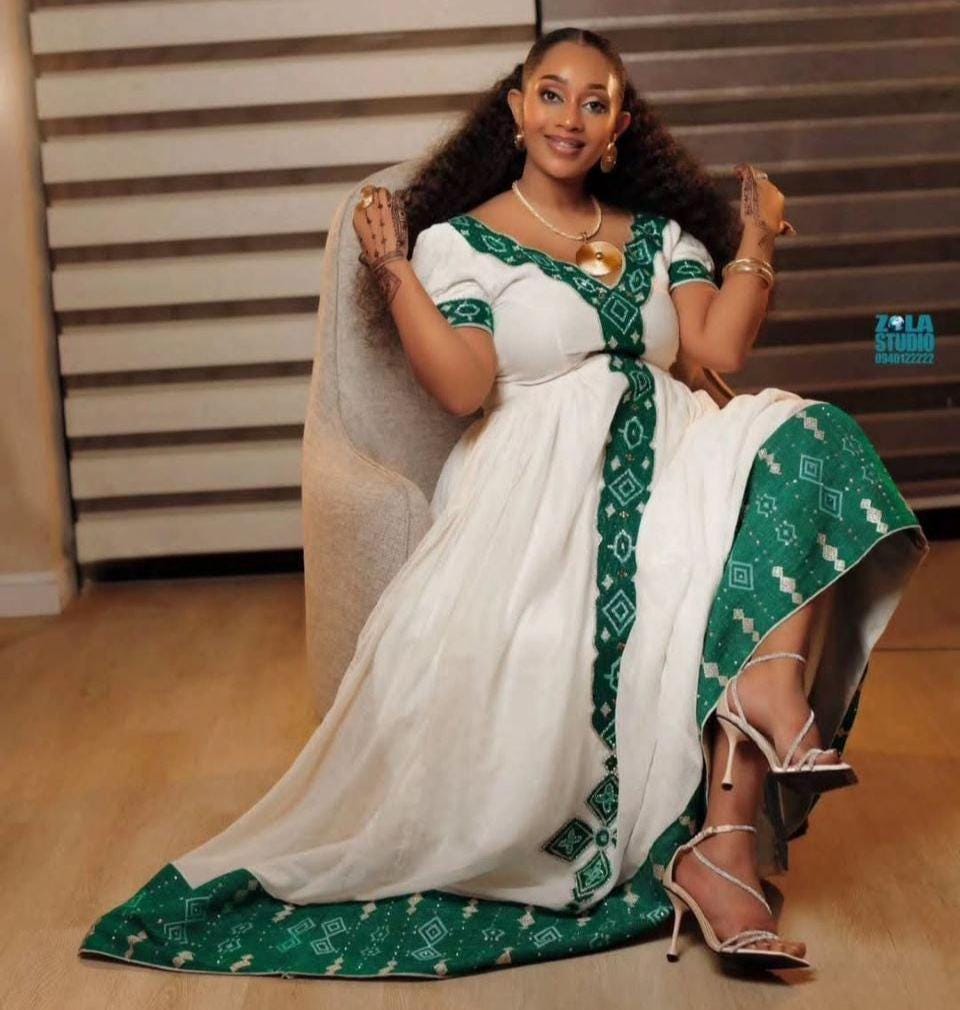 Custom Made Zuria Cultural Habesha Kemis for Women, Green Tibeb Eritrean & Ethiopian Traditional Dress