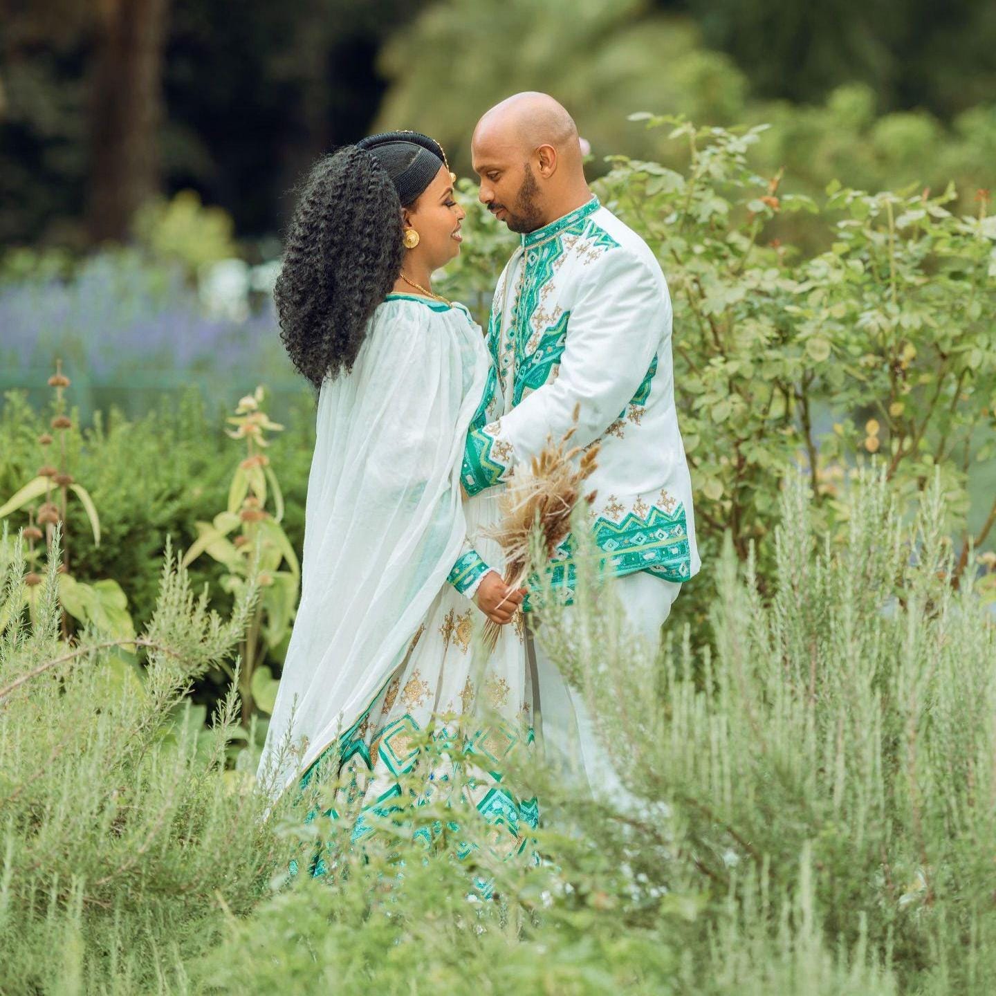 Couple  Custom Made Habesha clothing, New Green & silver Tilet, Eritrean and Ethiopian Traditional Wedding Attire