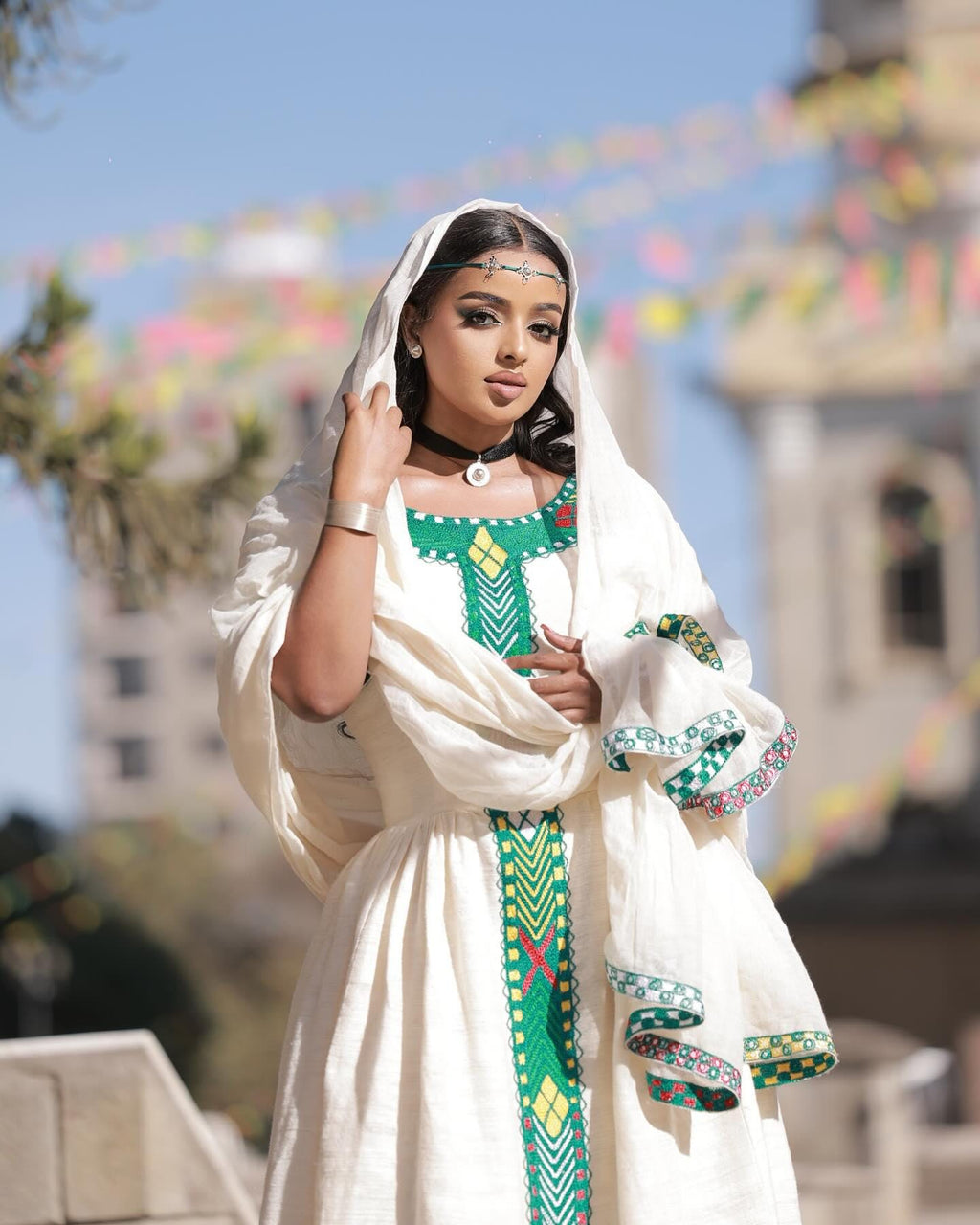 Cultural Habesha Kemis for Women, Handmade Green Tilet Eritrean & Ethiopian Traditional Dress