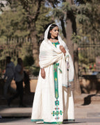 Cultural Habesha Kemis for Women, Handmade Green Tilet Eritrean & Ethiopian Traditional Dress