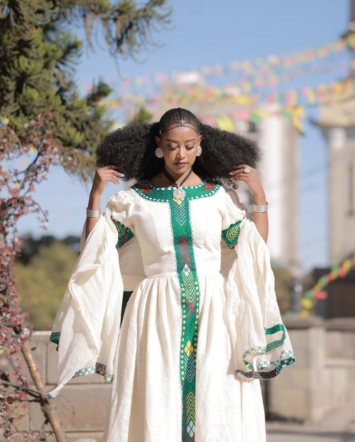 Cultural Habesha Kemis for Women Handmade Green Tilet