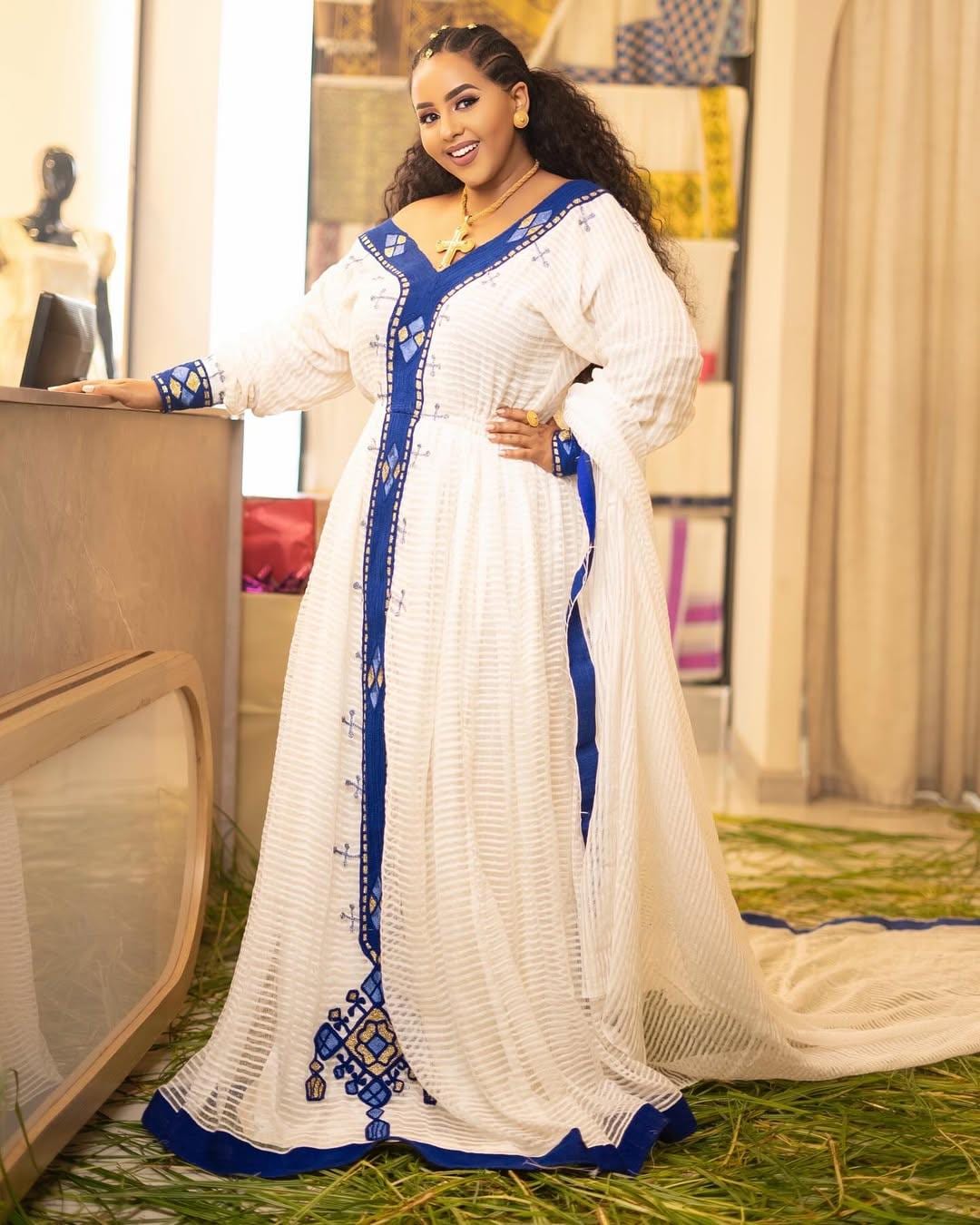 Custom Made Zuria Cultural Habesha Kemis for Women, blue Menen Eritrean & Ethiopian Traditional Dress