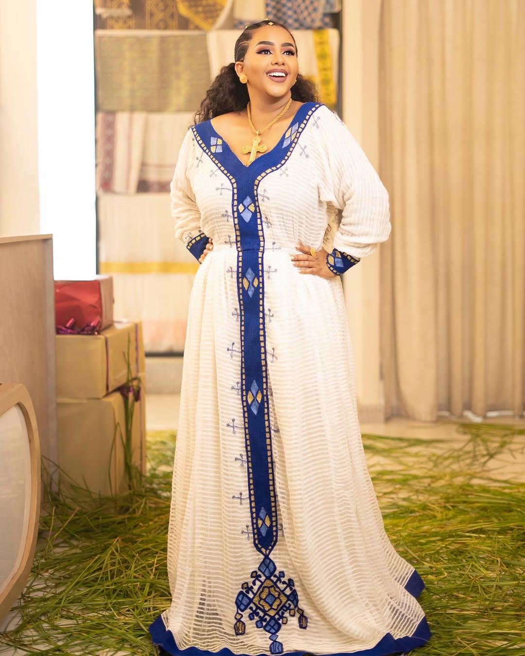 Custom Made Zuria Cultural Habesha Kemis for Women, blue Menen Eritrean & Ethiopian Traditional Dress