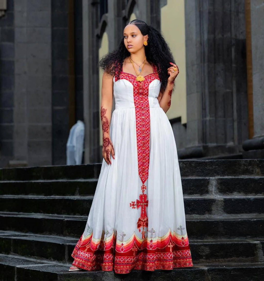 New Habesha clothing, New Red Tilet, Eritrean and Ethiopian Traditional Wedding Attire, Custom Made Habesha Fashion