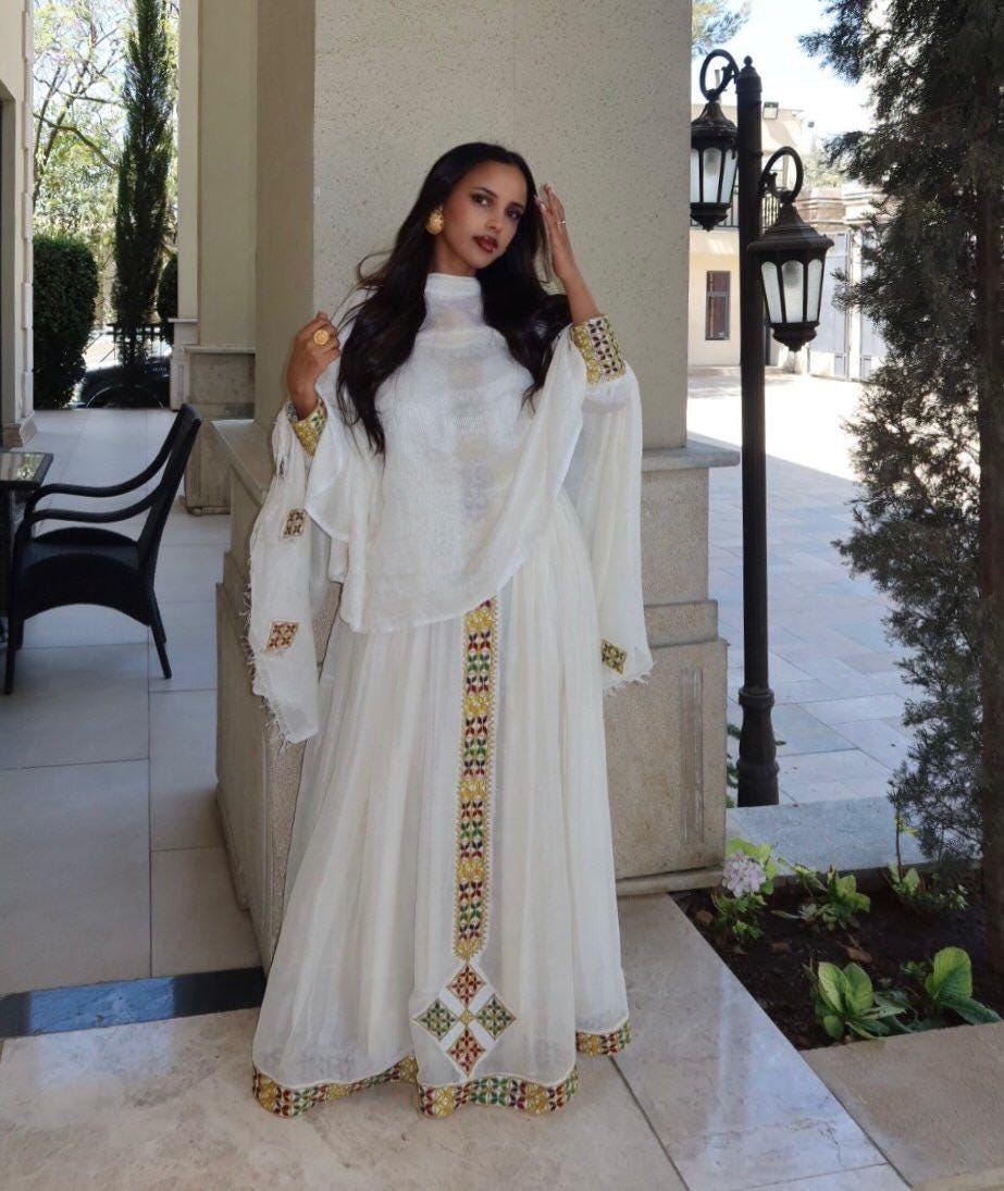 Cultural Habesha Kemis for Women,   yelow Tilet Eritrean & Ethiopian Traditional Dress