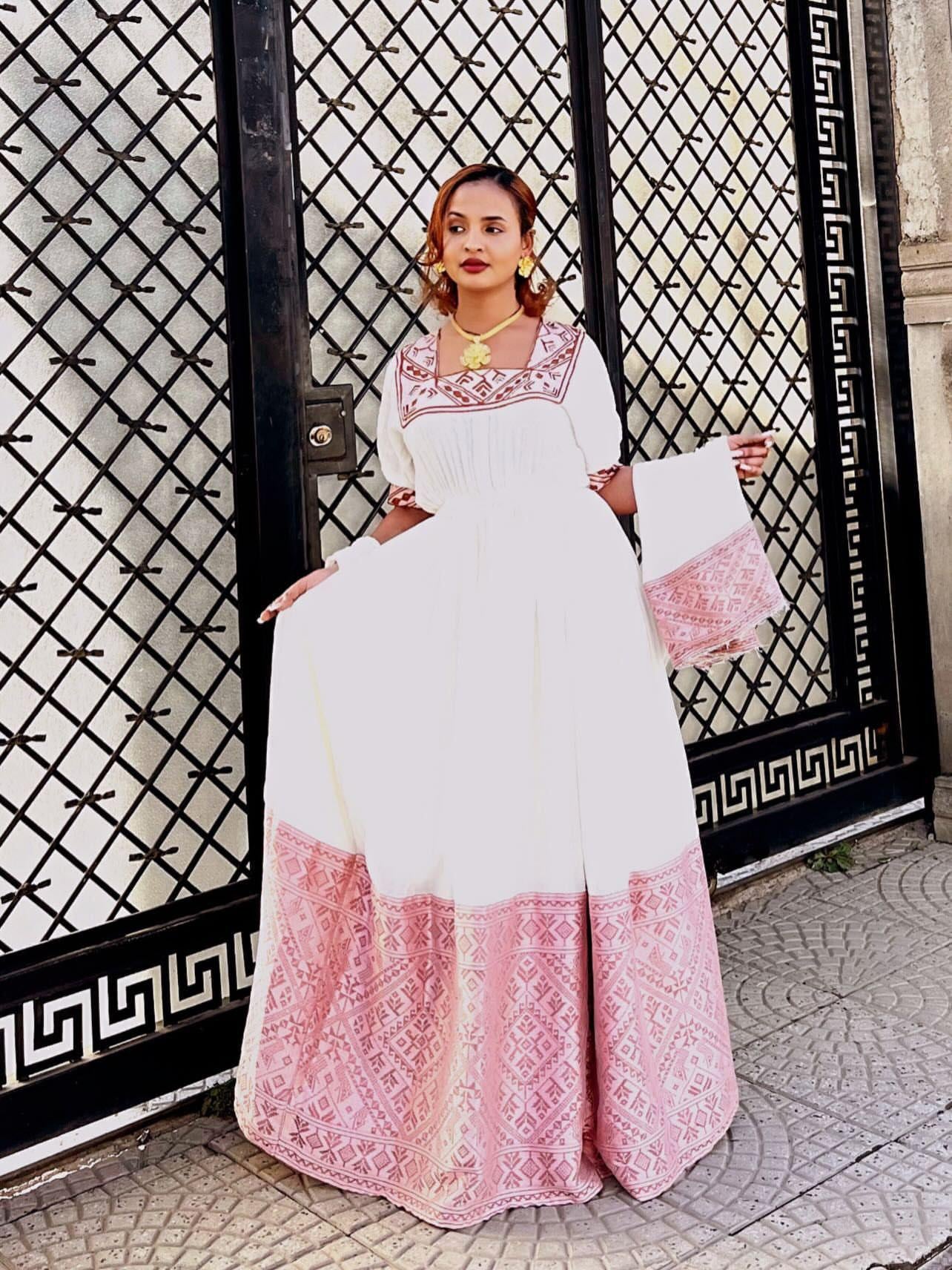 Cultural Habesha Kemis for Women,pink    Tilet Eritrean & Ethiopian Traditional Dress