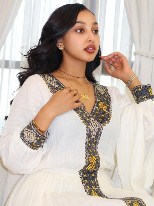Cultural Habesha Kemis For Women, Black and Golden Tilet Eritrean & Ethiopian Traditional Dress, Handmade