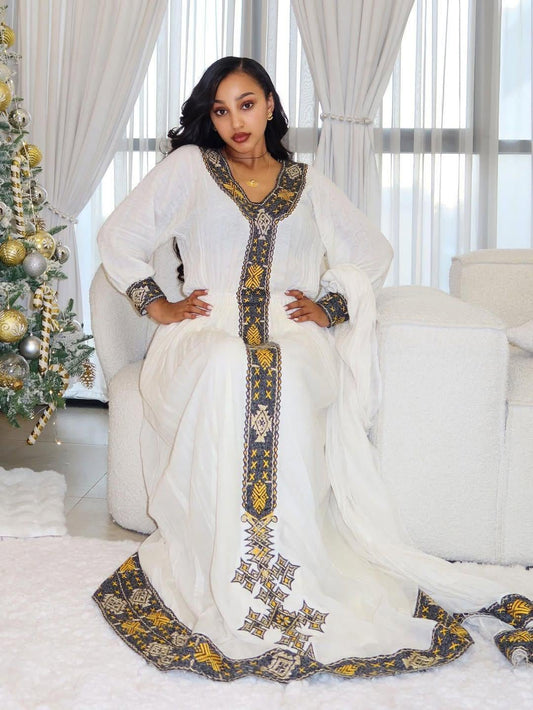 Cultural Habesha Kemis For Women, Black and Golden Tilet Eritrean & Ethiopian Traditional Dress, Handmade
