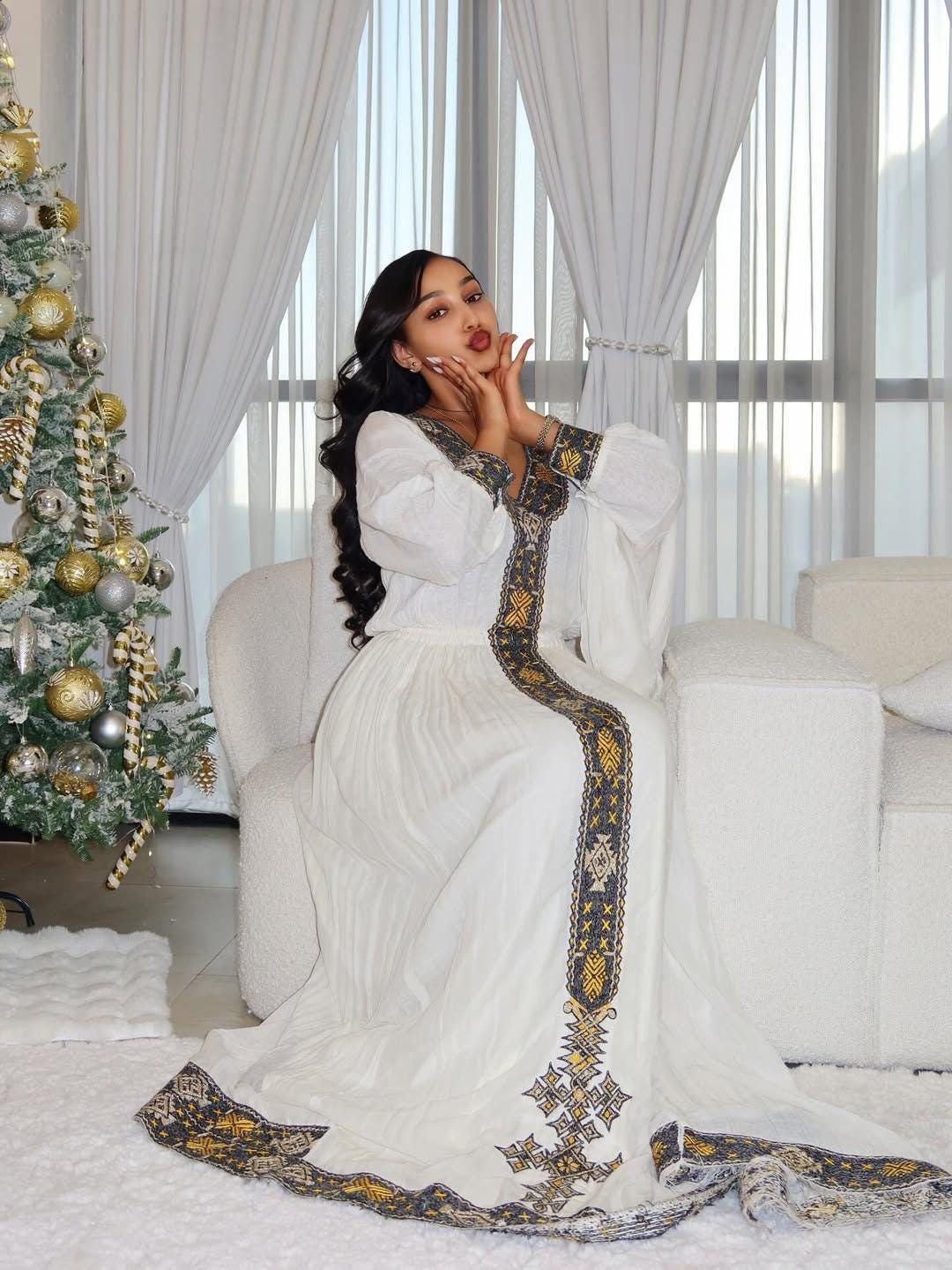 Cultural Habesha Kemis For Women, Black and Golden Tilet Eritrean & Ethiopian Traditional Dress, Handmade