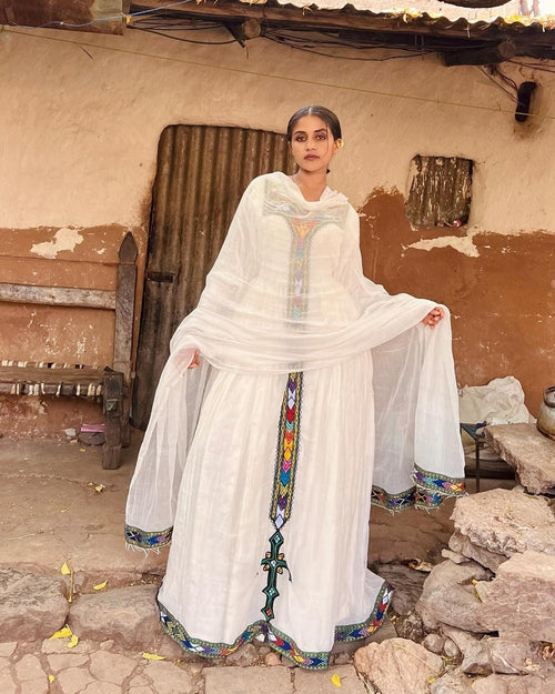 Cultural Habesha Kemis for Women, blue  Tilet Eritrean & Ethiopian Traditional Church Dress
