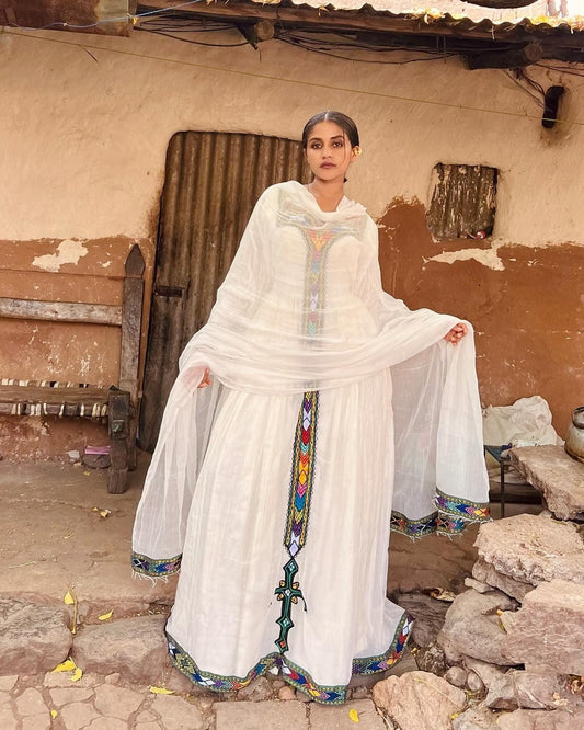 Cultural Habesha Kemis for Women, blue  Tilet Eritrean & Ethiopian Traditional Church Dress