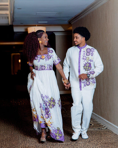 Couple Habesha clothing, New purple & white Tilet, Eritrean and Ethiopian Traditional Wedding Attire, Custom Made Habesha Fashion