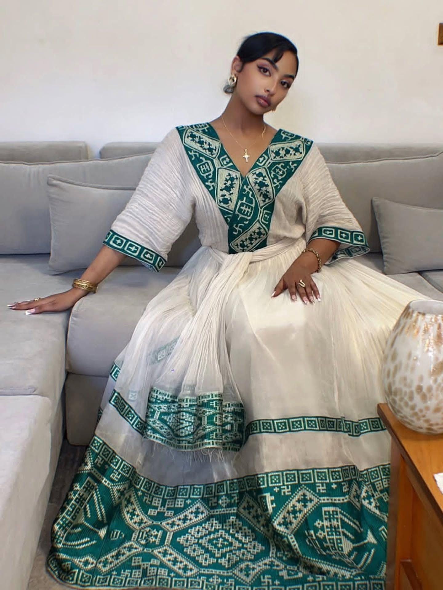 Cultural Habesha Kemis for Women, green. And white Tilet Eritrean & Ethiopian Traditional Dress