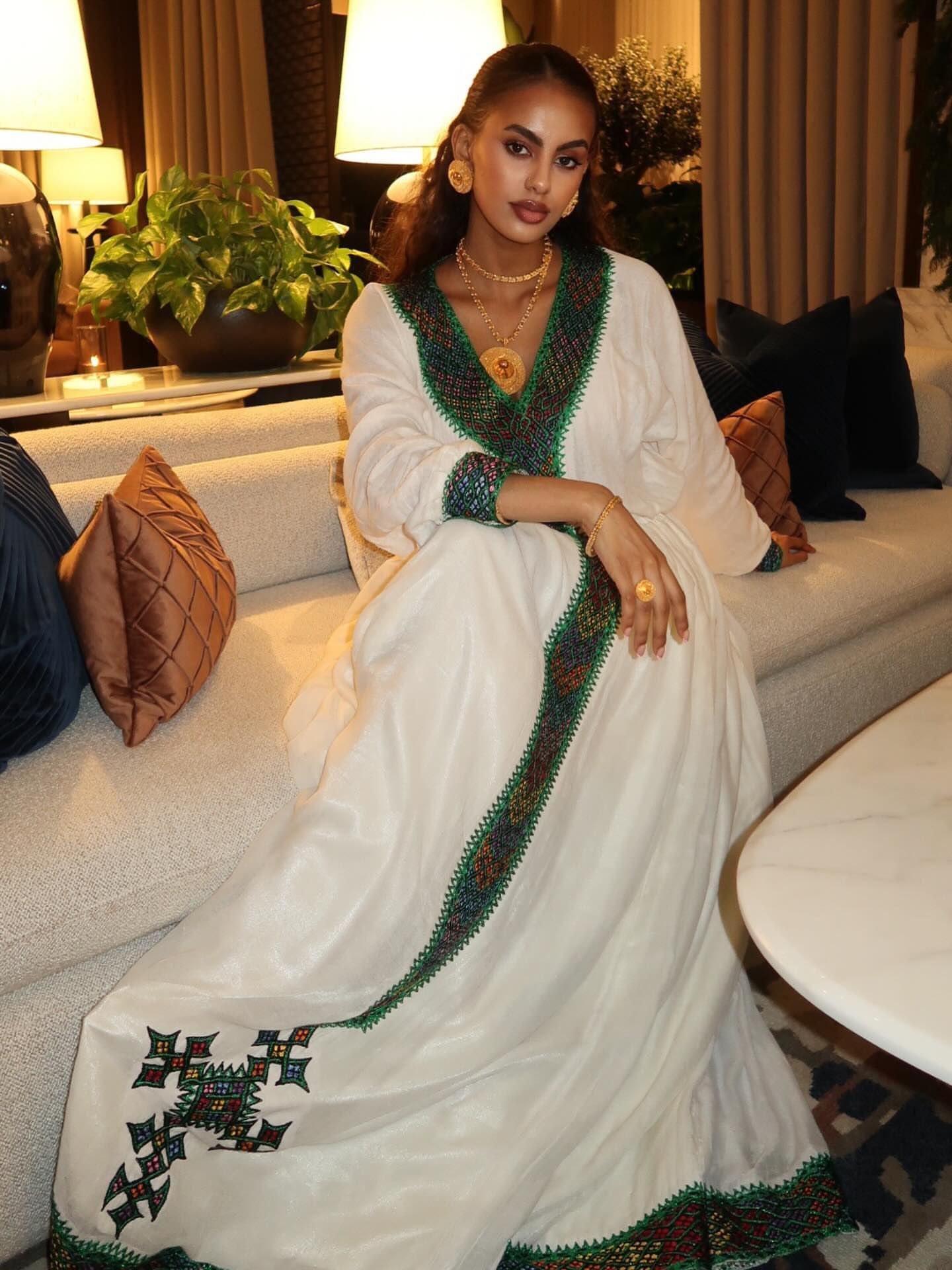 Cultural Habesha Kemis for Women, New Green Tilet Eritrean & Ethiopian Traditional Dress, Handmade Wear