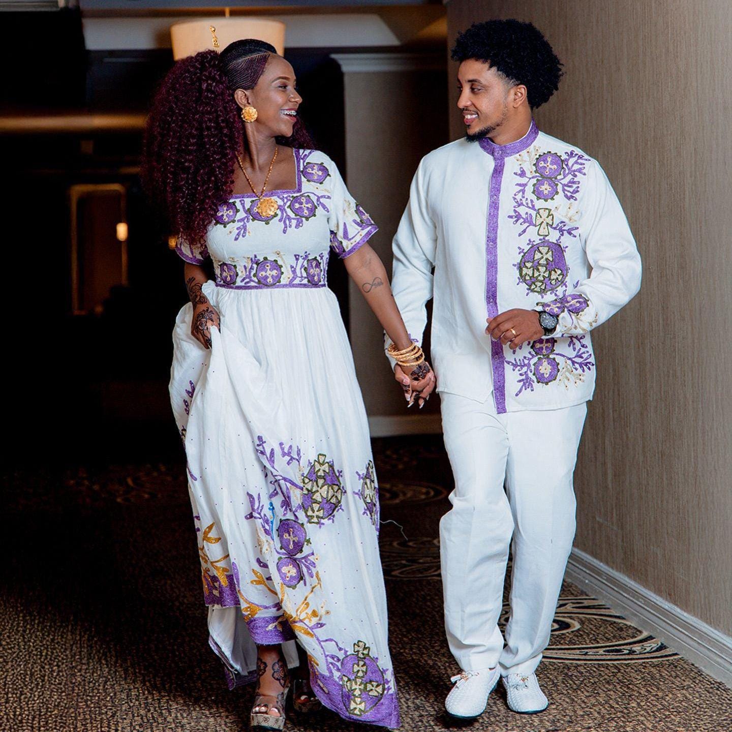 Couple Habesha clothing, New purple & white Tilet, Eritrean and Ethiopian Traditional Wedding Attire, Custom Made Habesha Fashion