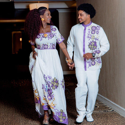 Couple Habesha clothing, New purple & white Tilet, Eritrean and Ethiopian Traditional Wedding Attire, Custom Made Habesha Fashion