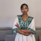Cultural Habesha Kemis for Women, green. And white Tilet Eritrean & Ethiopian Traditional Dress